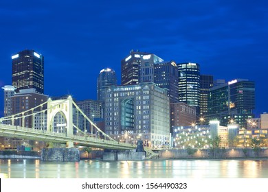 Downtown Skyline And Roberto Clemente Bridge Over Allegheny River, Pittsburgh, Pennsylvania, USA