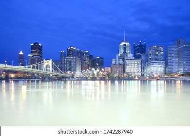 Downtown Skyline And Roberto Clemente Bridge Over Allegheny River, Pittsburgh, Pennsylvania, USA