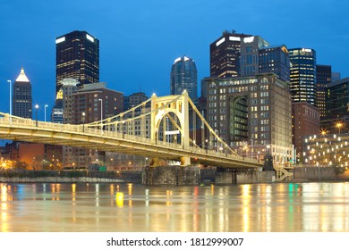 Downtown Skyline And Roberto Clemente Bridge Over Allegheny River, Pittsburgh, Pennsylvania, United States