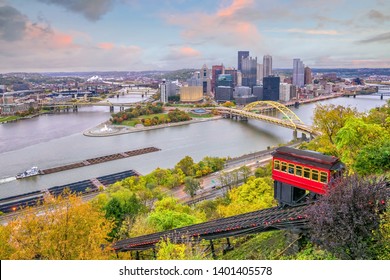 Downtown Skyline And Vintage Incline In Pittsburgh, Pennsylvania, USA At Sunset