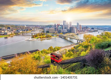 Downtown Skyline And Vintage Incline In Pittsburgh, Pennsylvania, USA At Sunset