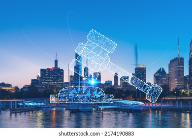 Downtown skyscrapers city view of Chicago, skyline panorama over Lake Michigan, harbor area, sunset, Illinois, USA. Legal icons hologram. The concept of law, order, regulations and digital justice