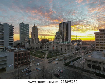 Downtown with sunset in background
