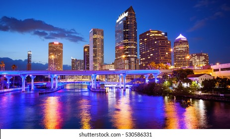 Downtown Tampa, Florida Skyline at night, building logos blurred for commercial use