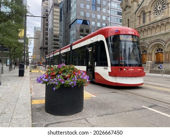 Downtown Toronto, Canada -August 16, 2021: New TTC Streetcar