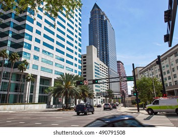 Downtown Traffic Flowing Midday In Downtown Tampa Bay, Florida