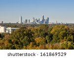Downtown uptown Charlotte, North Carolina skyline in the distance beyond vibrant fall colored trees 