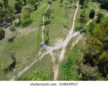 Downward Aerial View Of Dirt Road Corssroad In Trinity