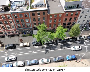 Downward City Street View Brownstones Ariel Urban Sidewalk In Hoboken New Jersey