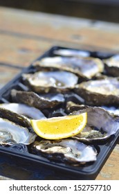 Dozen Fresh Oysters With Lemon Wedge At Kangaroo Island, Australia