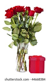 Dozen Red Roses And A Gift Box Isolated On A White Background.