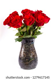 A Dozen Red Roses In A Vase Isolated On A White Background