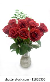 Dozen Red Roses In A Vase On A White Background