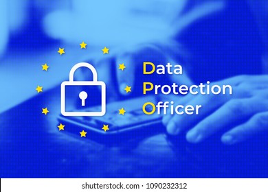 DPO - Data Protection Officer. EU flag with blue photo background. User protects their data on a mobile phone - Shutterstock ID 1090232312
