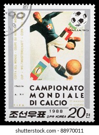 DPR KOREA - CIRCA 1988: A Stamp Printed By DPR KOREA Shows Football Players. World Football Cup In Italy, Series, Circa 1988