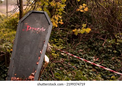 Dracula Coffin For Halloween. Scary Decor Outside