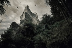 Dracula's Gloomy Castle On The Hill. Halloween Concept.