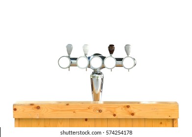 Draft beer dispenser and wooden counter on white background.