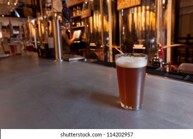 Draft Beer On Bar At Brew Pub - With Room For Text