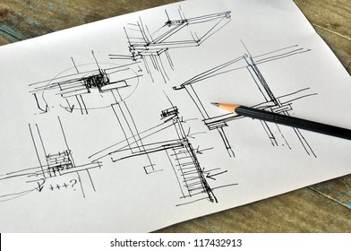 Draft Hand Drawing Foundation Architecture Plan On Wood Table