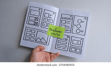Draft sketch drawing template layout wireframe, flat lay.