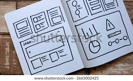 Draft sketch drawing template layout framework wireframe. User experience concept.