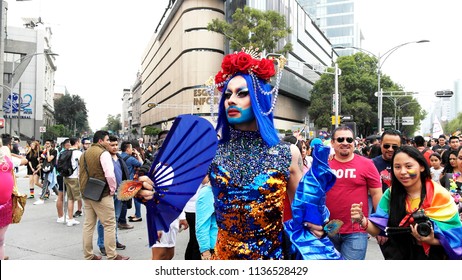 Drag Queen With Blue Beard And Flower Crown At Pride Parade In Mexico City, 2018.