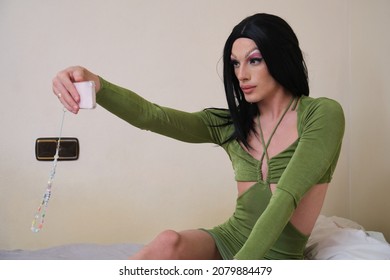 Drag Queen Person Takes A Selfie With The Smartphone.