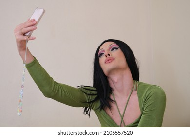 Drag Queen Person Takes A Selfie With The Smartphone.