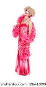 Drag Queen in Pink Evening Dress Performing, on white background