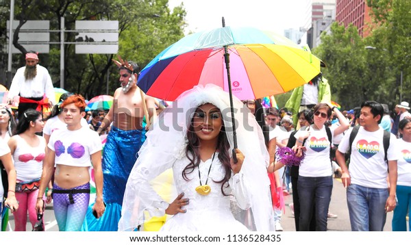 Drag Queen Wedding Dress Rainbow Umbrella Stock Photo Edit Now 1136528435