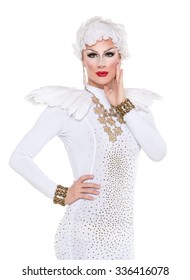 Drag Queen in White Dress Performing, on white background