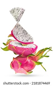 Dragon Fruit (or Pitaya) Floating In The Air Isolated On White Backround. Levitation Or Zero Gravity Food Concept