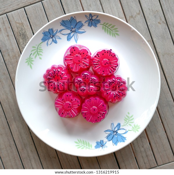 Dragon fruit (red) agar agar (Jelly) sweet dessert -\
top view