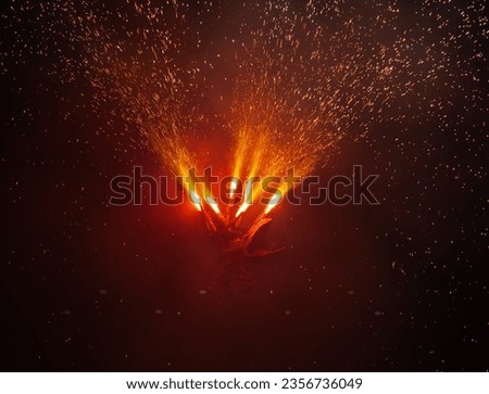 Dragon head in profile with fireworks shooting from its horns and creating a rain of sparks of fire falling and dimly illuminating the darkness of the underworld or hell.
