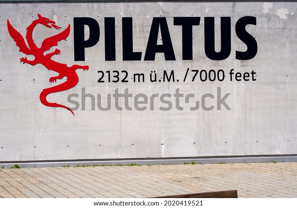 Dragon Logo of\
Mount Pilatus cable cars on a summer sunny day. Photo taken July\
23rd, 2021, Alpnach,\
Switzerland.