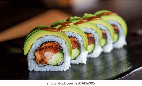 Dragon Roll: This roll usually contains eel and cucumber, topped with thin slices of avocado, resembling a dragon. It's often finished with a drizzle of eel sauce - Powered by Shutterstock