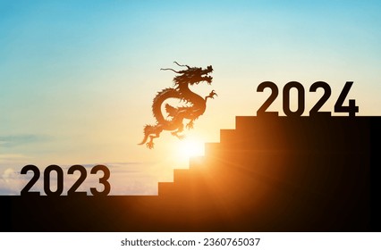 A dragon running up the stairs from 2023 to 2024. 2024 New Year concept. New year's card 2024.