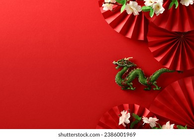Dragon with Sakura and Folding Paper Fans on Red Background - Chinese New Year 2024 Celebration