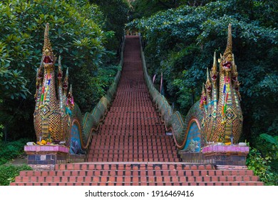 Dragon Stairway to Wat Phra That Doi Suthep in Chiang Mai, Thailand.