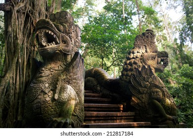 Dragon statues in Monkey Forest in Ubud, Bali