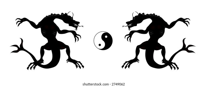 Dragon and Ying - Yang symbol.  Illustration,black over white background.