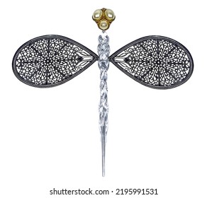 Dragonfly created out of different objects in antique silver and gold and transparent materials-isolated on white  background