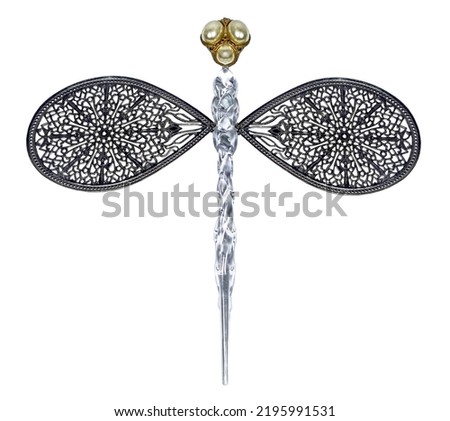Dragonfly created out of different objects in antique silver and gold and transparent materials-isolated on white  background