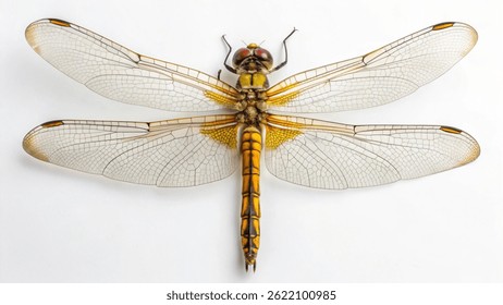 Una libélula con un cuerpo amarillo y marrón y alas transparentes se muestra sobre un fondo blanco. Las antenas y patas del insecto son visibles.