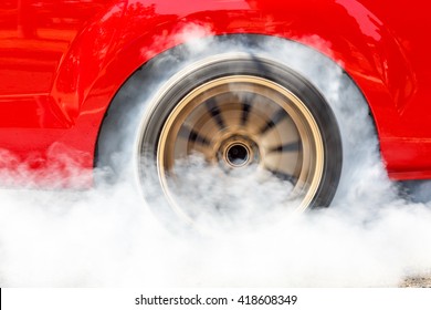 Dragster Car Burn Out Rear Tyre With Smoke.