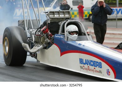 Dragster Car Doing Burn Out At Santa Pod Raceway, UK