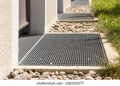 Drain Mesh Entrance. Floor Drain Sysrem outdoor. Drain grates. Drainage Mesh in front of house entrance. Drain on Ground Floor. Drainage Grid. Selective focus