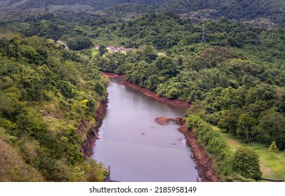 Drainage Channels Of Large Dams In Dry Season The Water Shortage. Landscape Of Empty Reservoir Or Big Concrete Dam, Water Resource Management Concept, Selective Focus.