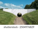 Drainage culvert under roadway to channel larger amounts of water and provide vehicle access over water movement. Paved water trough is sided by grass to prevent erosion